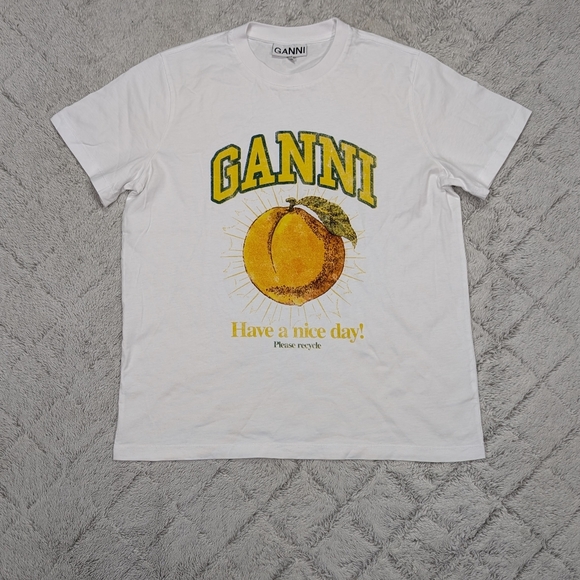 Ganni Shirt Womens S White Relaxed Peach Tee Graphic Crew Short Sleeve Cotton - Picture 1 of 6